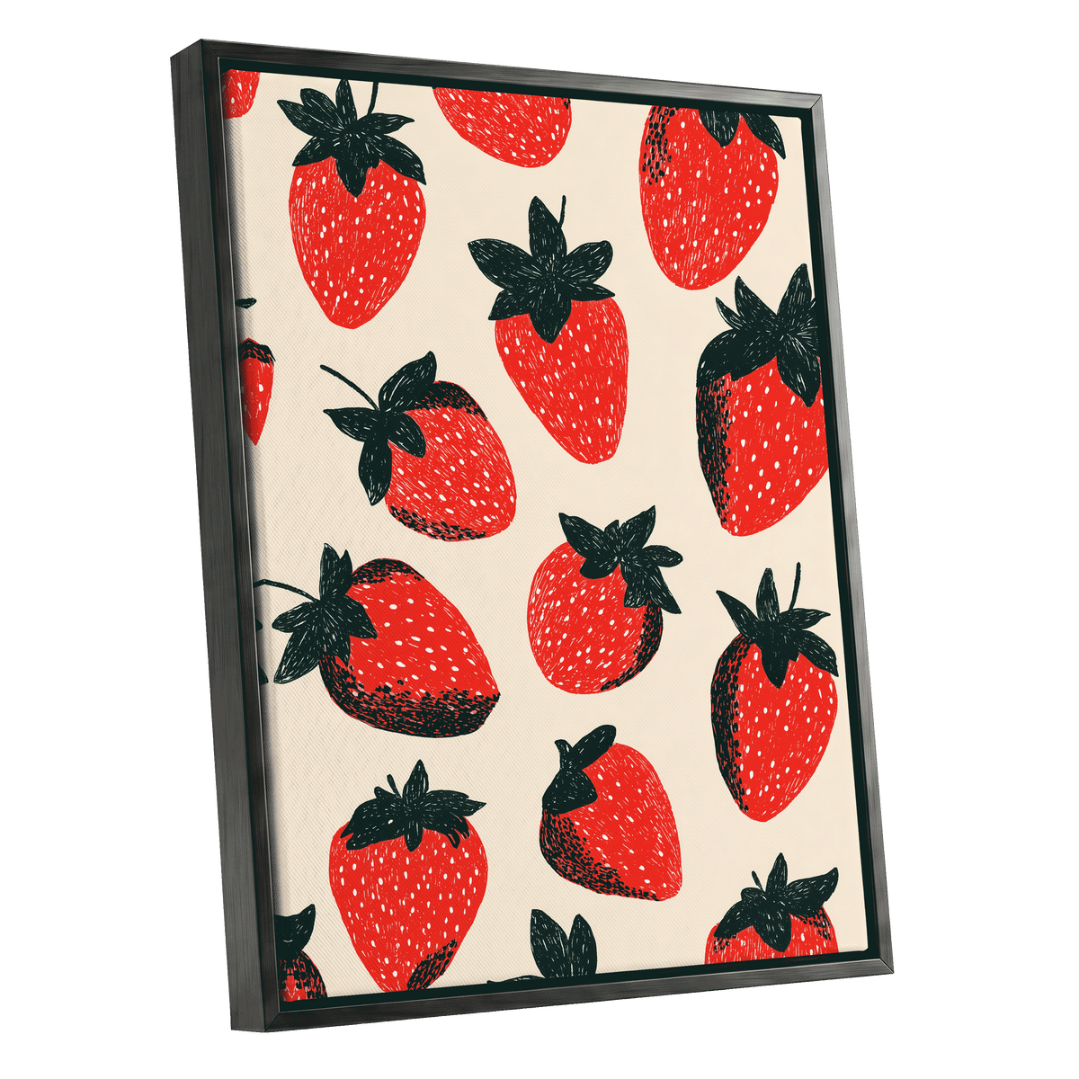 Strawberry Scatter, red, green, beige nature wall art shown as a black framed canvas wall art