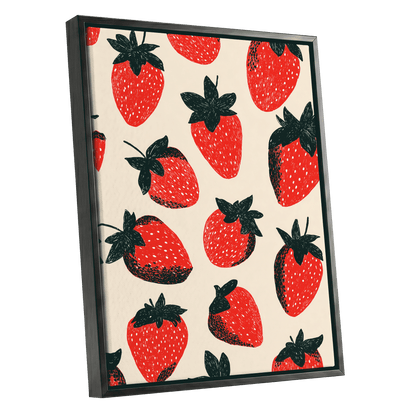 Strawberry Scatter, red, green, beige nature wall art shown as a black framed canvas wall art