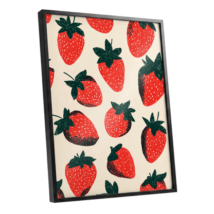 Strawberry Scatter, red, green, beige nature wall art shown as a black framed poster wall art print