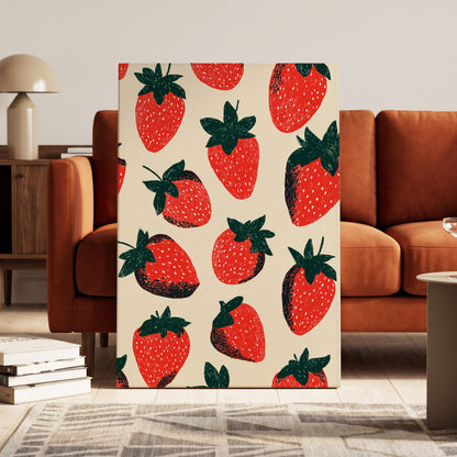 Strawberry Scatter, red, green, beige nature wall art on canvas displayed in a styled interior, gallery view 1