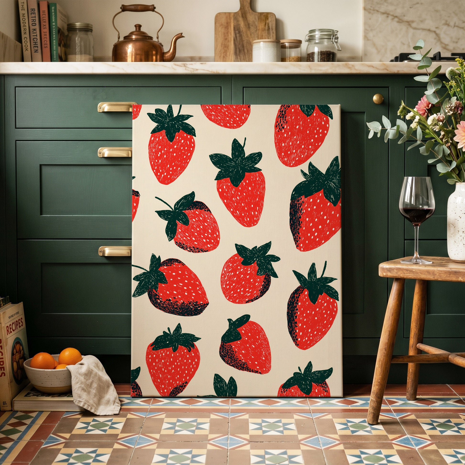 Strawberry Scatter, red, green, beige nature wall art on canvas displayed in a styled interior, gallery view 2