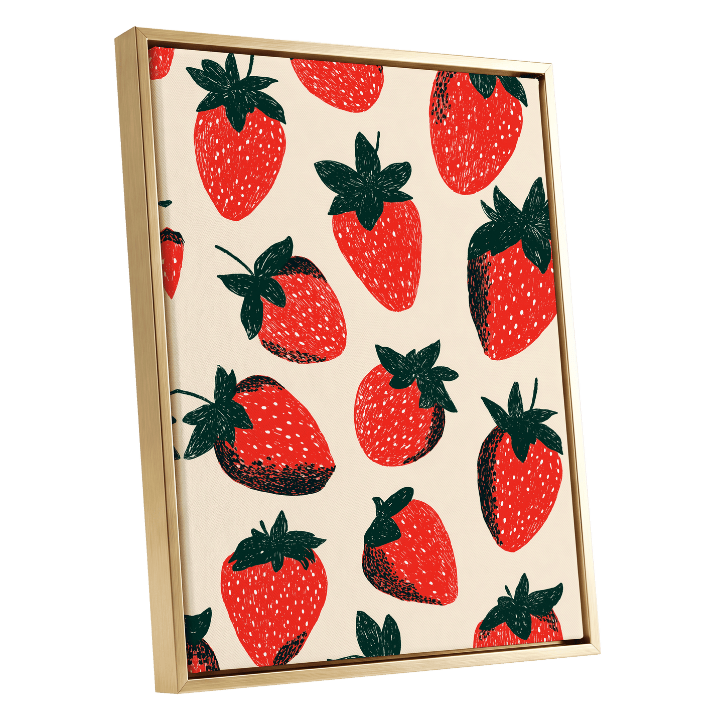 Strawberry Scatter, red, green, beige nature wall art shown as a gold framed canvas wall art