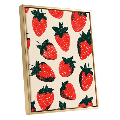 Strawberry Scatter, red, green, beige nature wall art shown as a gold framed canvas wall art