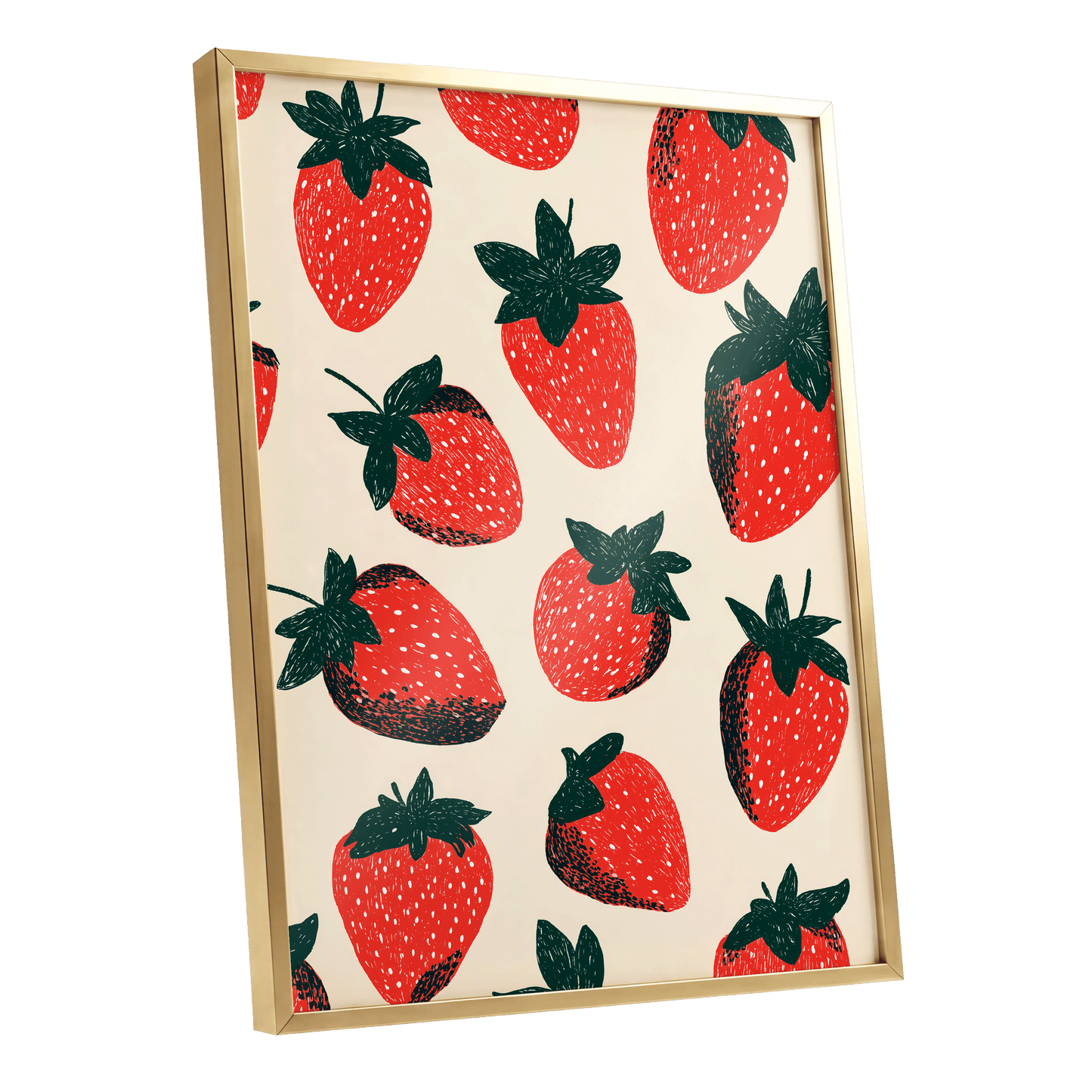 Strawberry Scatter, red, green, beige nature wall art shown as a gold framed poster wall art print