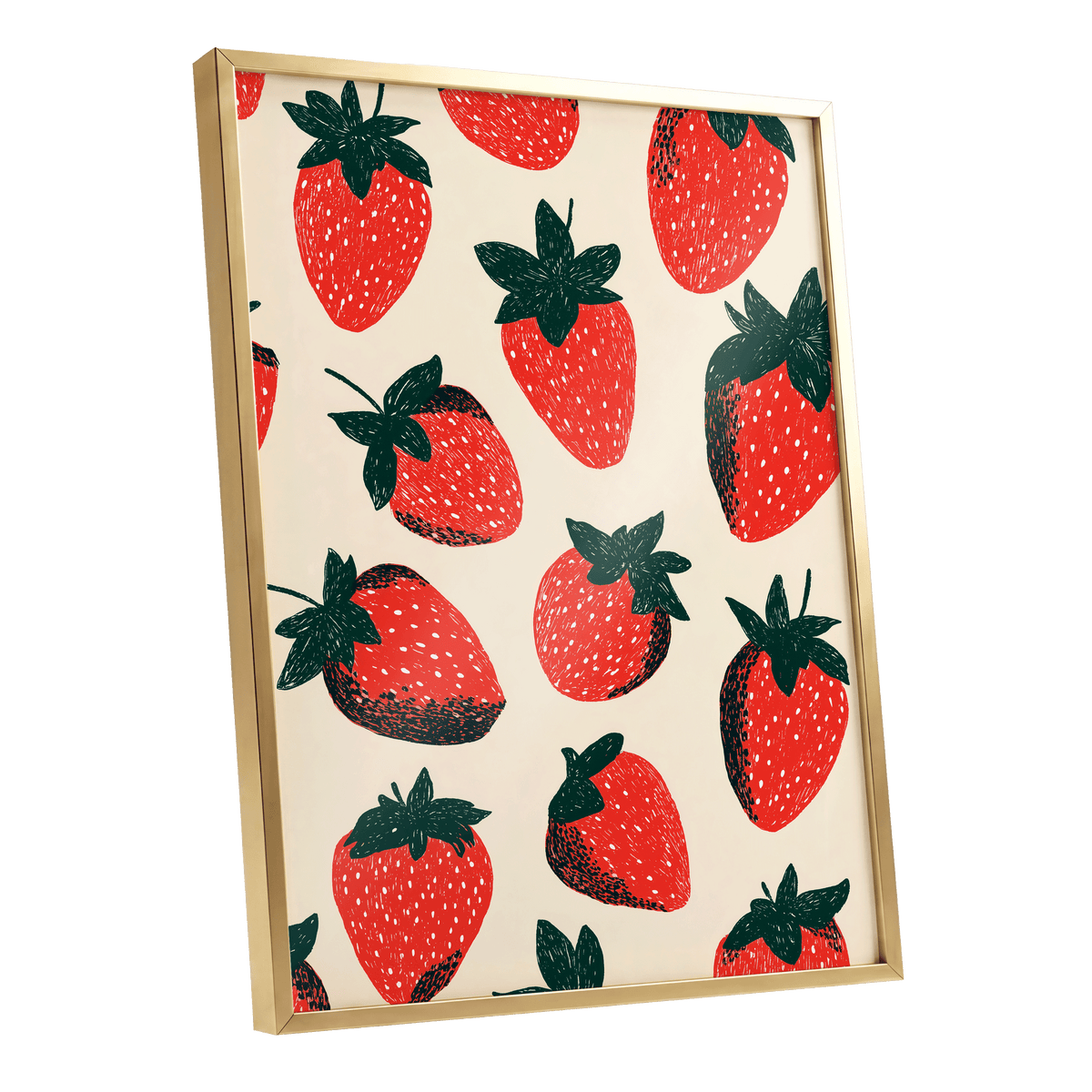 Strawberry Scatter, red, green, beige nature wall art shown as a gold framed poster wall art print