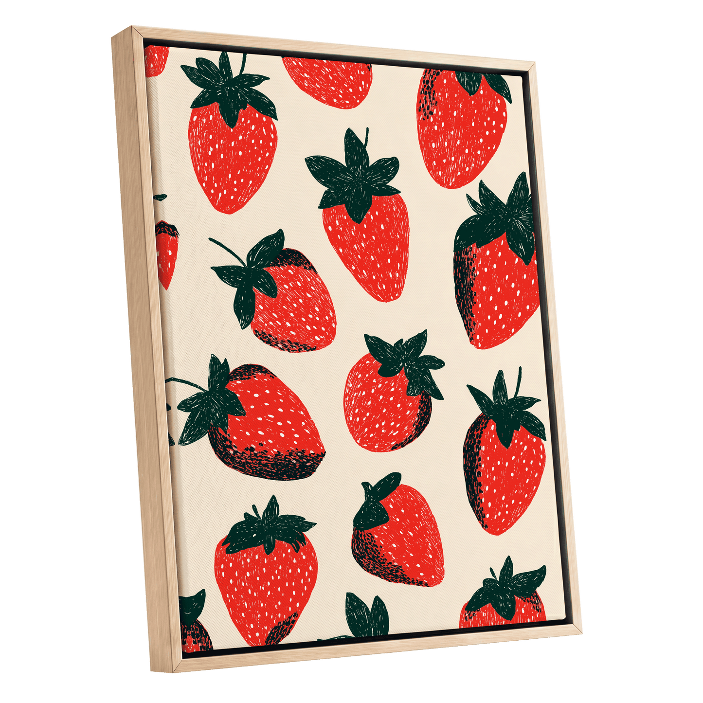 Strawberry Scatter, red, green, beige nature wall art shown as a oak framed canvas wall art