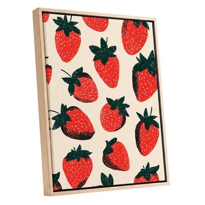 Strawberry Scatter, red, green, beige nature wall art shown as a oak framed canvas wall art