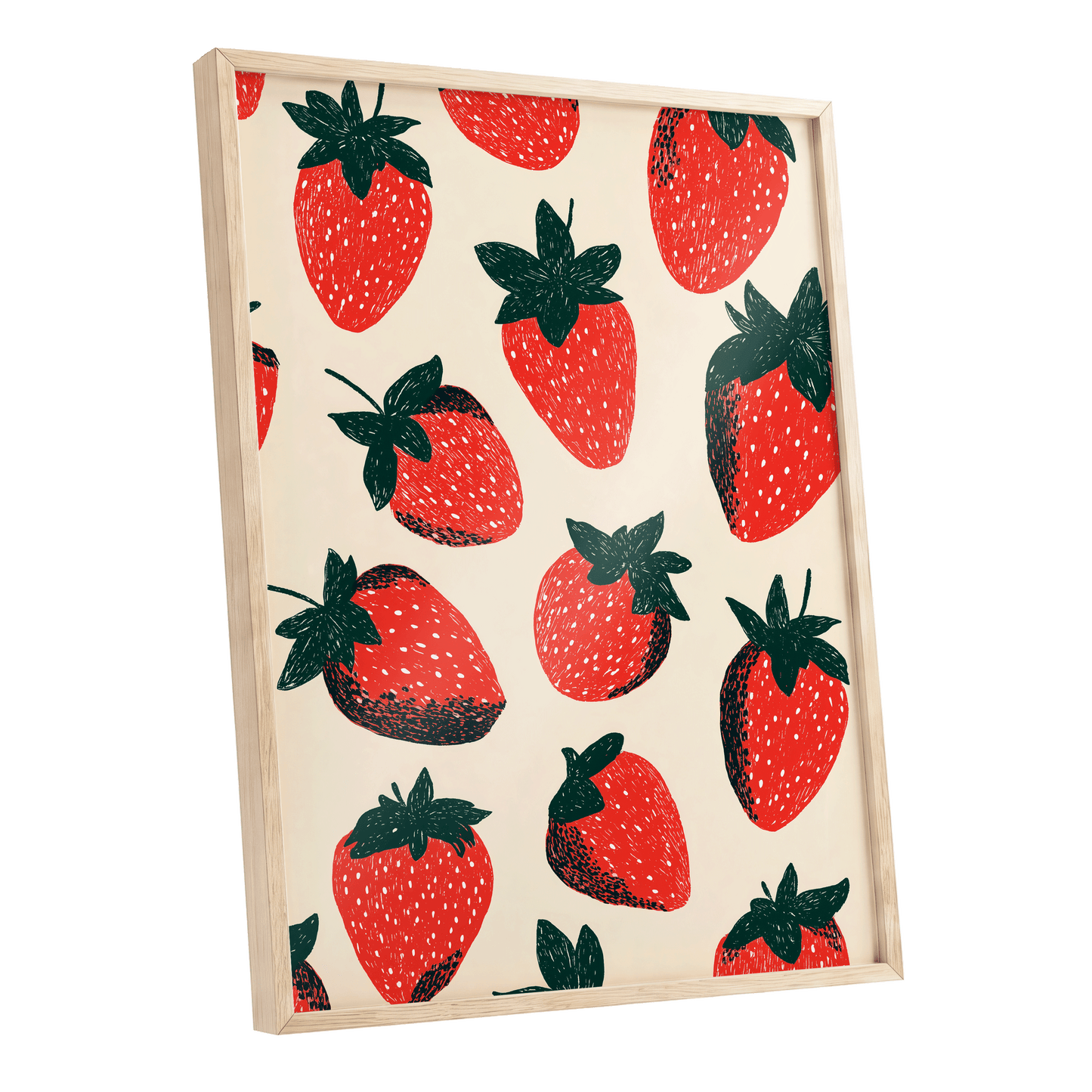 Strawberry Scatter, red, green, beige nature wall art shown as a oak framed poster wall art print