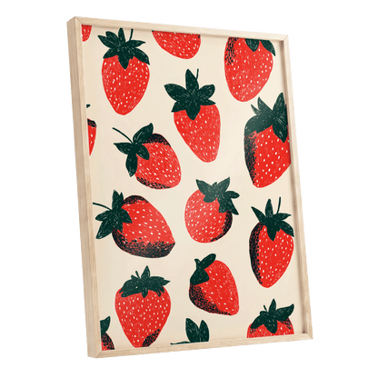 Strawberry Scatter, red, green, beige nature wall art shown as a oak framed poster wall art print