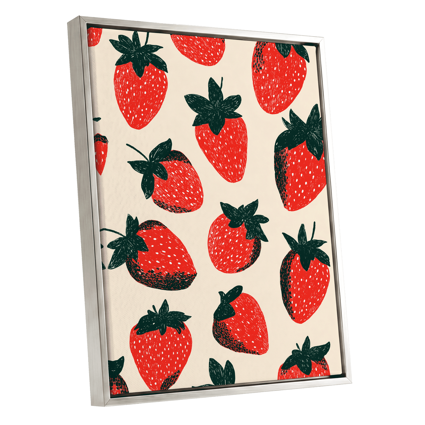 Strawberry Scatter, red, green, beige nature wall art shown as a silver framed canvas wall art