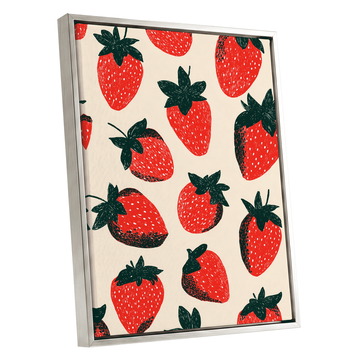 Strawberry Scatter, red, green, beige nature wall art shown as a silver framed canvas wall art