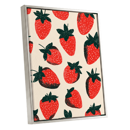 Strawberry Scatter, red, green, beige nature wall art shown as a silver framed canvas wall art