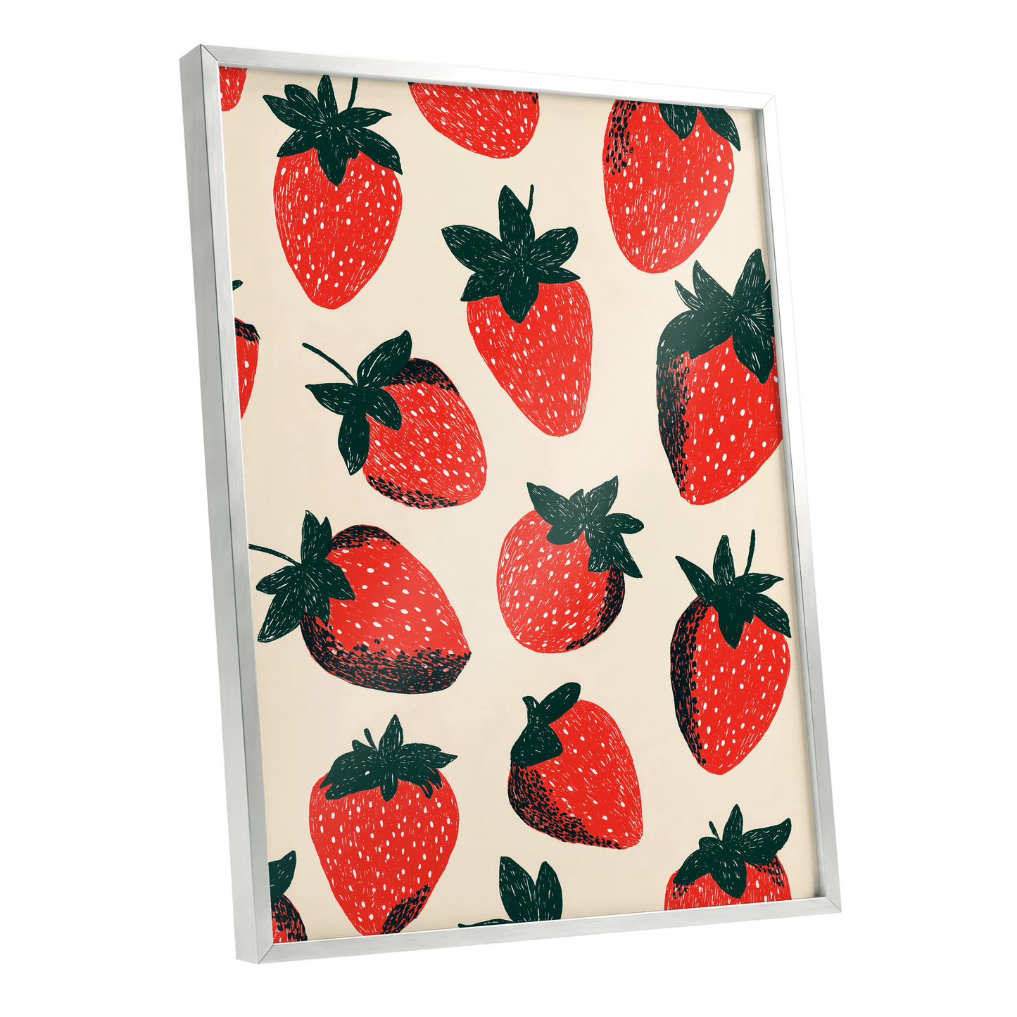 Strawberry Scatter, red, green, beige nature wall art shown as a silver framed poster wall art print