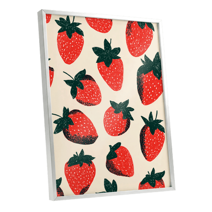 Strawberry Scatter, red, green, beige nature wall art shown as a silver framed poster wall art print