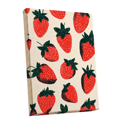 Strawberry Scatter, red, green, beige nature wall art shown as a stretched canvas wall art