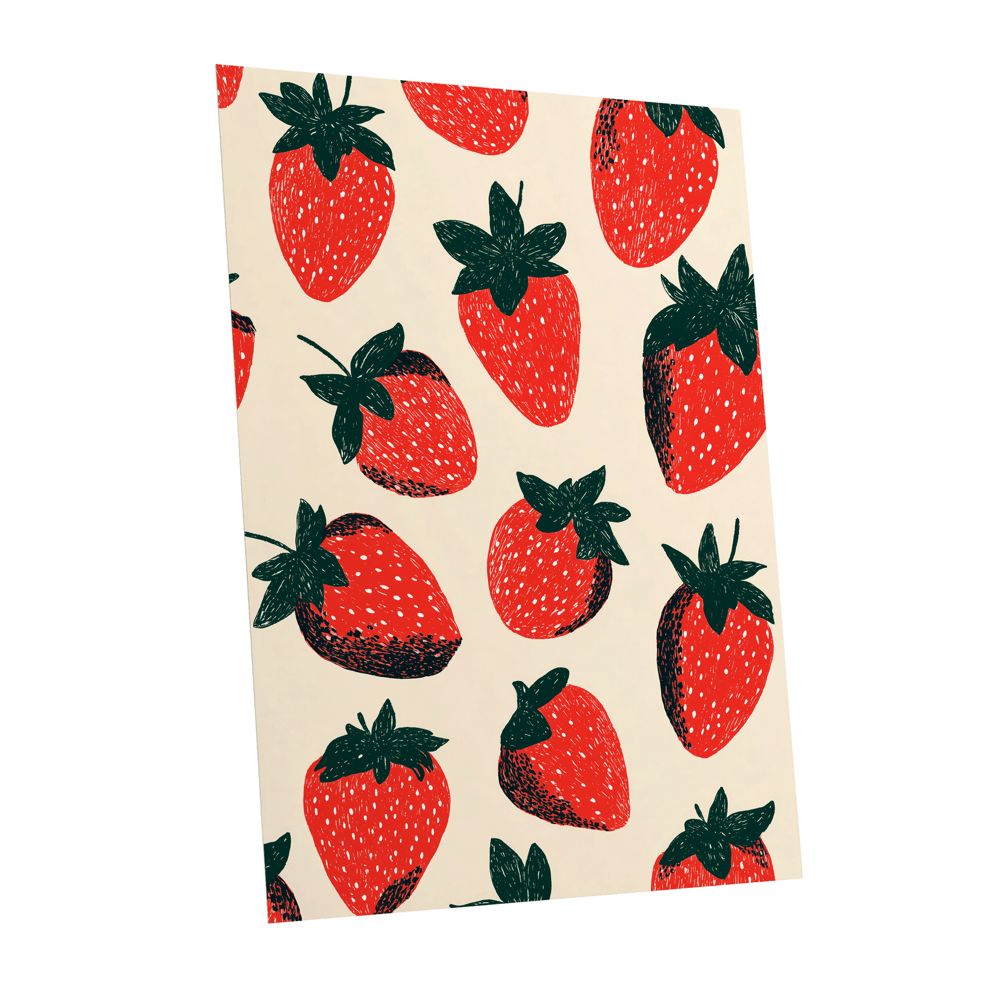 Strawberry Scatter, red, green, beige nature wall art shown as a unframed poster wall art print