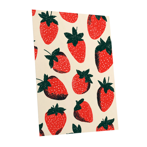 Strawberry Scatter, red, green, beige nature wall art shown as a unframed poster wall art print
