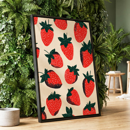 Strawberry Scatter, red, green, beige nature wall art displayed in a styled interior, gallery view 1