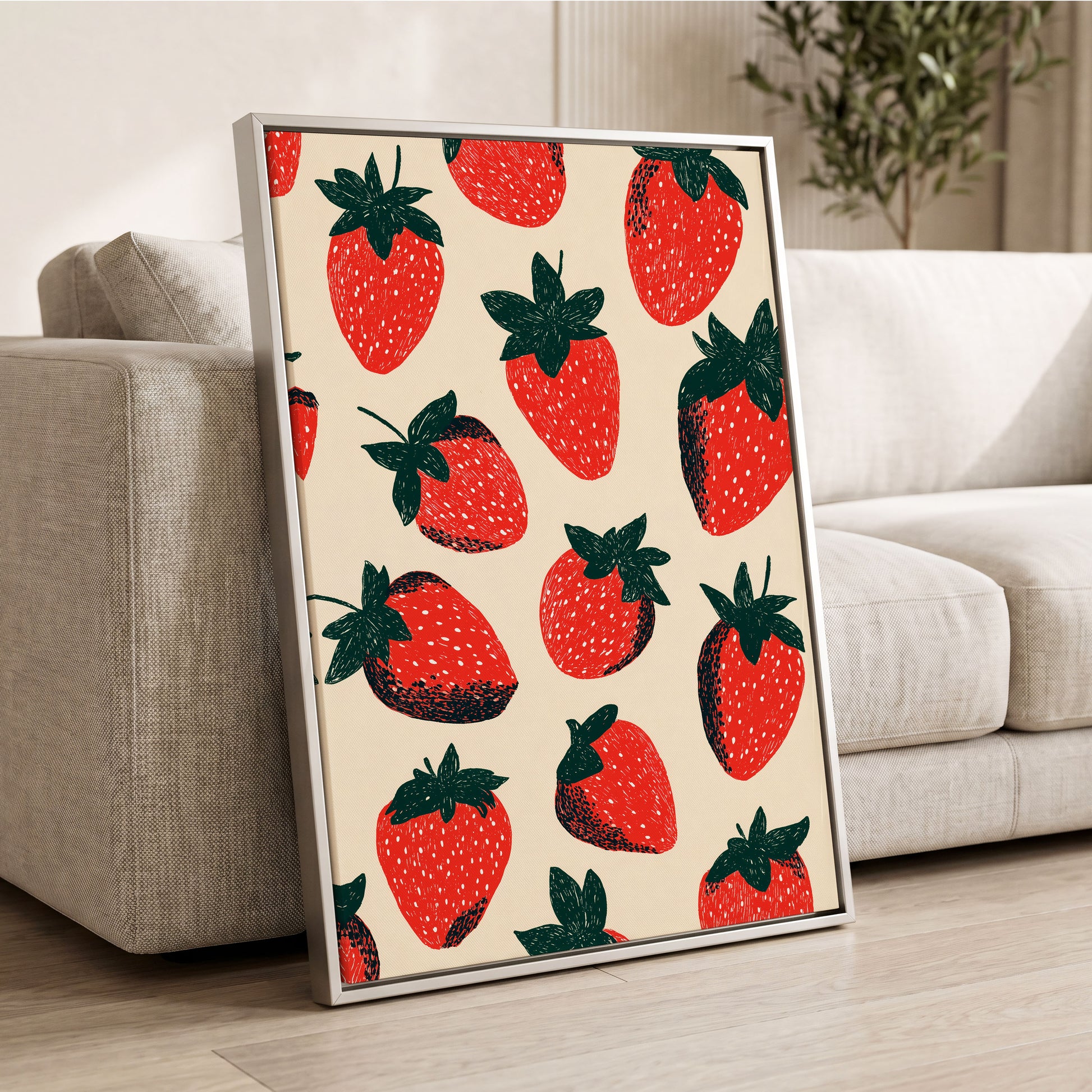 Strawberry Scatter, red, green, beige nature wall art displayed in a styled interior, gallery view 2