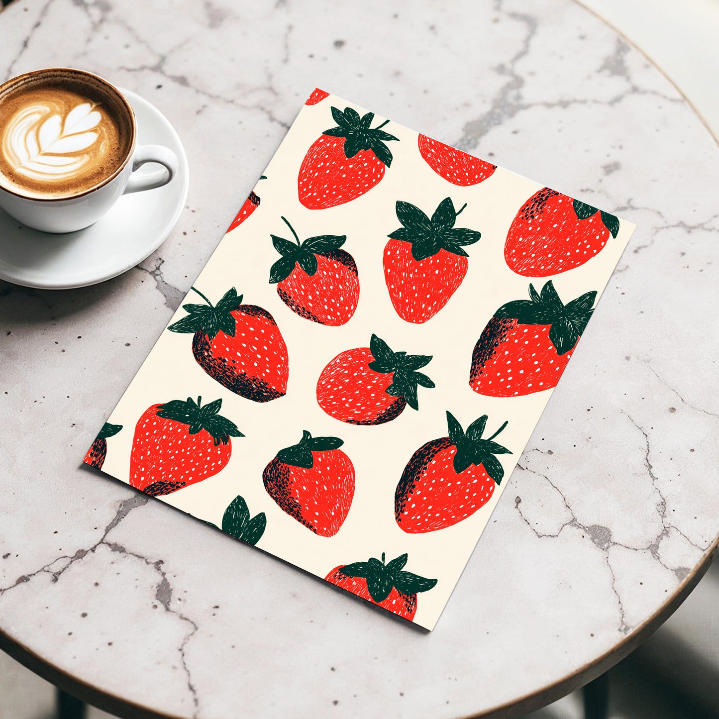 Strawberry Scatter, red, green, beige nature wall art displayed in a styled interior, gallery view 3