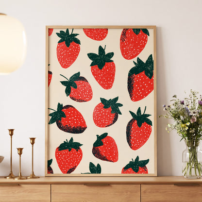 Strawberry Scatter, red, green, beige nature wall art displayed in a styled interior, gallery view 5