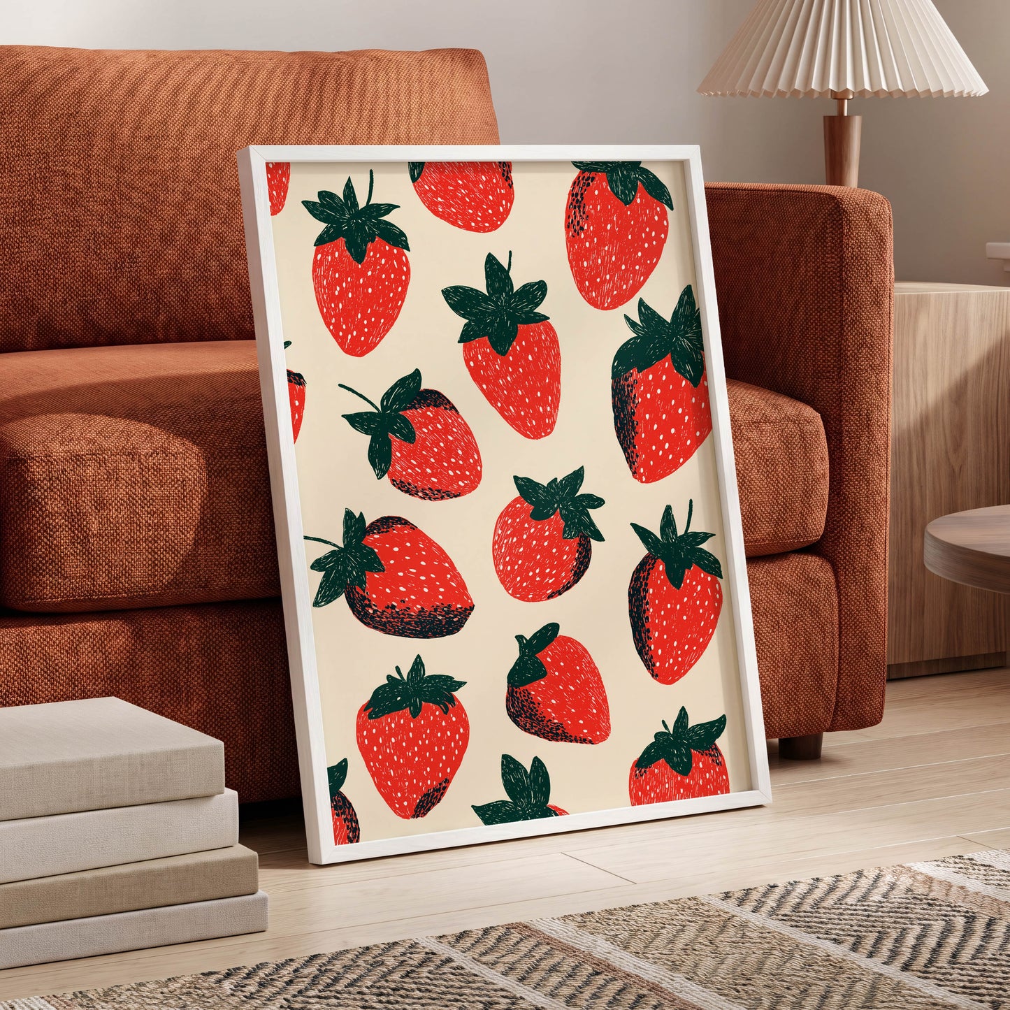 Strawberry Scatter, red, green, beige nature wall art displayed in a styled interior, gallery view 6