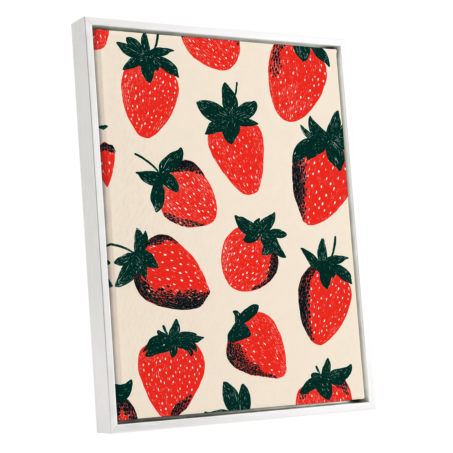 Strawberry Scatter, red, green, beige nature wall art shown as a white framed canvas wall art