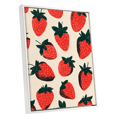 Strawberry Scatter, red, green, beige nature wall art shown as a white framed canvas wall art