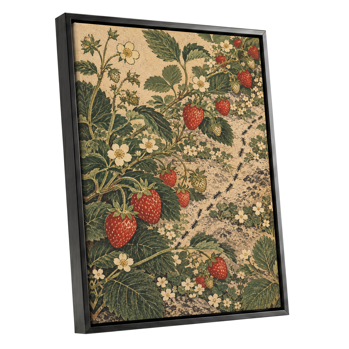 Strawberry Trails, green, beige, red nature wall art shown as a black framed canvas wall art
