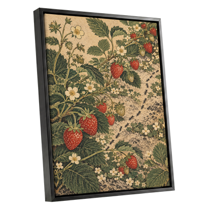 Strawberry Trails, green, beige, red nature wall art shown as a black framed canvas wall art