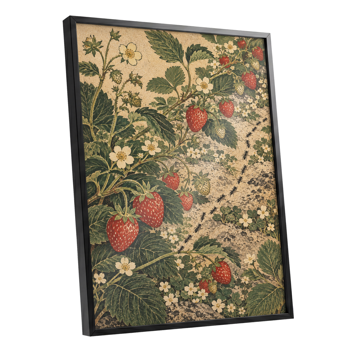 Strawberry Trails, green, beige, red nature wall art shown as a black framed poster wall art print