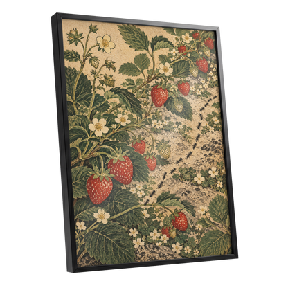 Strawberry Trails, green, beige, red nature wall art shown as a black framed poster wall art print
