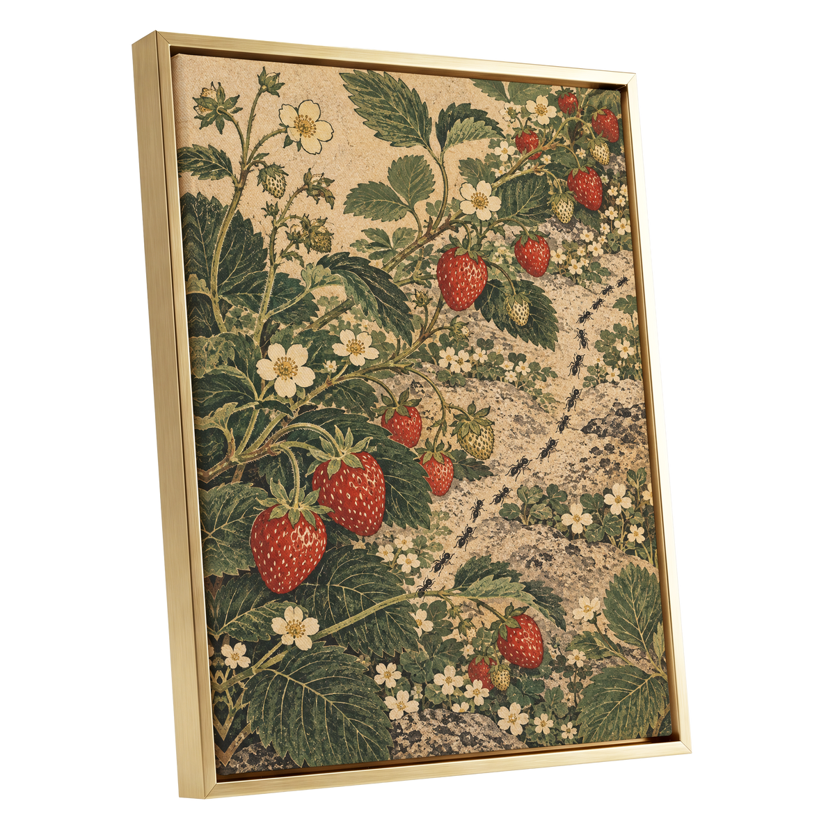 Strawberry Trails, green, beige, red nature wall art shown as a gold framed canvas wall art