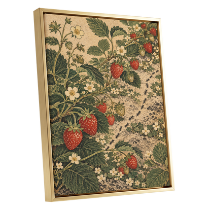 Strawberry Trails, green, beige, red nature wall art shown as a gold framed canvas wall art