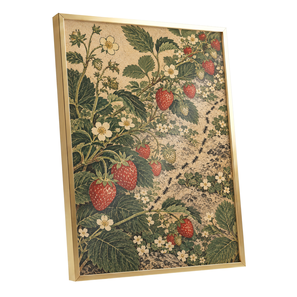 Strawberry Trails, green, beige, red nature wall art shown as a gold framed poster wall art print