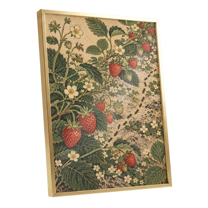 Strawberry Trails, green, beige, red nature wall art shown as a gold framed poster wall art print