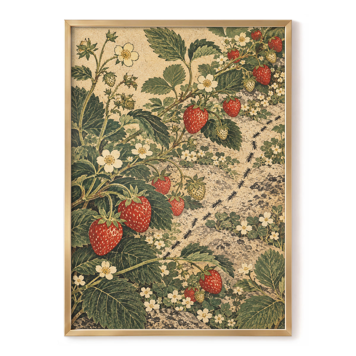 Strawberry Trails, green, beige, red nature wall art, front artwork view