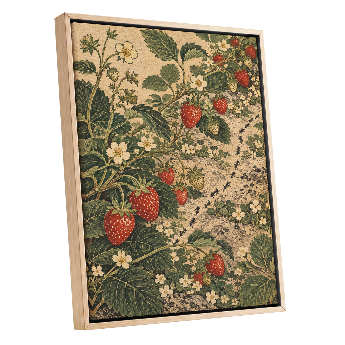 Strawberry Trails, green, beige, red nature wall art shown as a oak framed canvas wall art