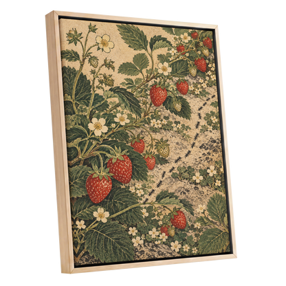 Strawberry Trails, green, beige, red nature wall art shown as a oak framed canvas wall art
