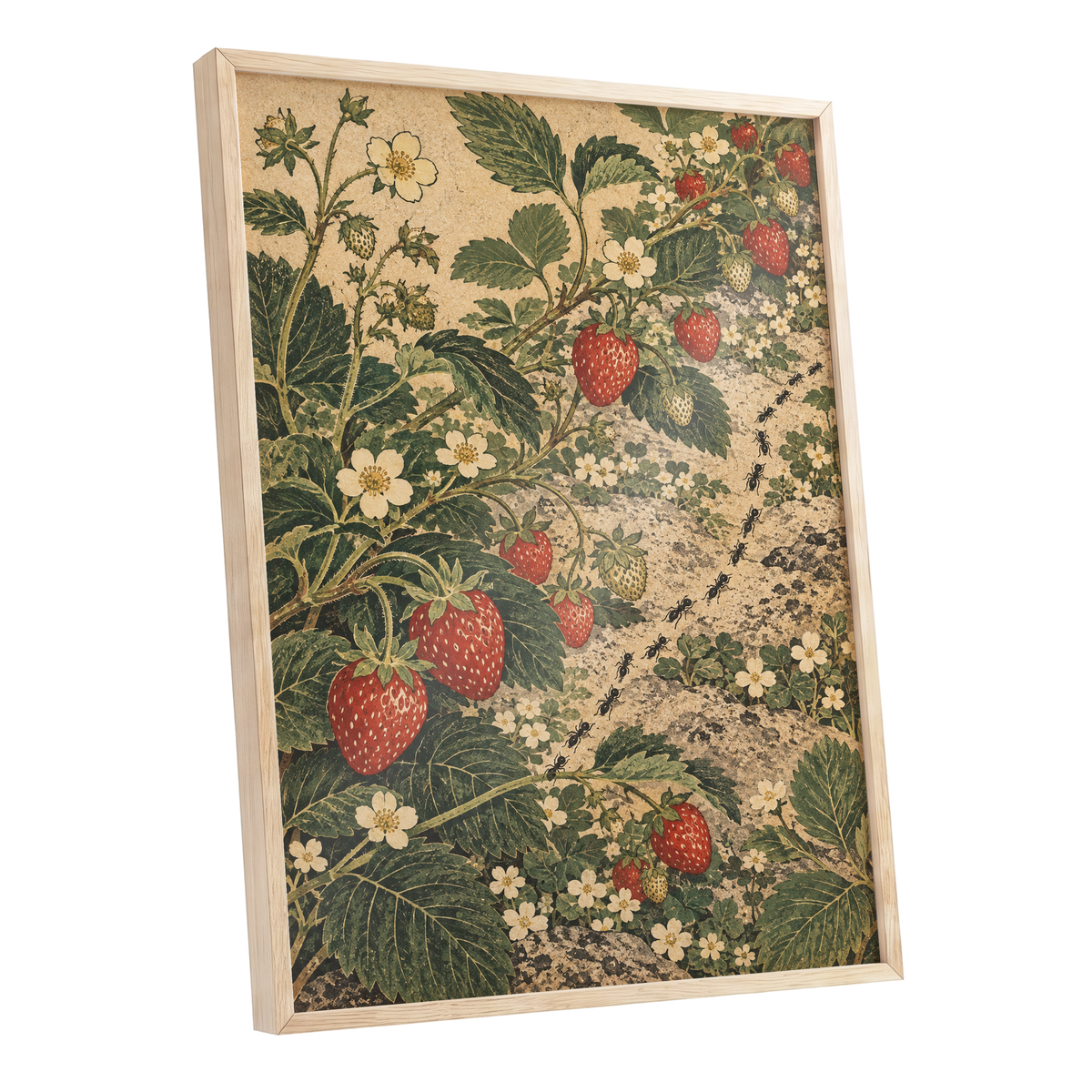 Strawberry Trails, green, beige, red nature wall art shown as a oak framed poster wall art print
