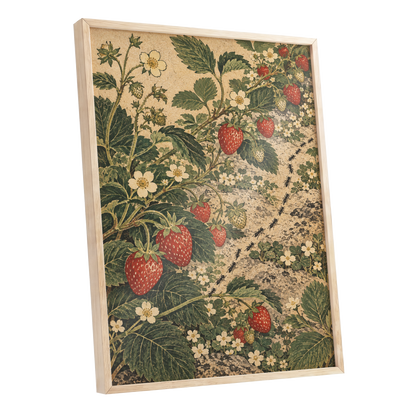 Strawberry Trails, green, beige, red nature wall art shown as a oak framed poster wall art print