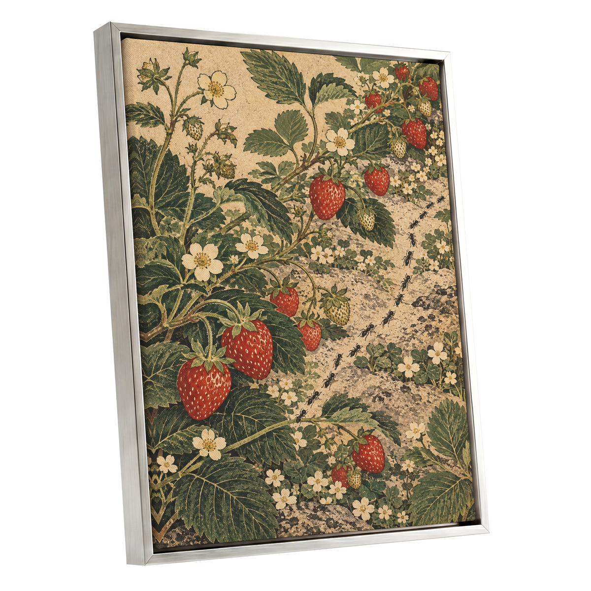 Strawberry Trails, green, beige, red nature wall art shown as a silver framed canvas wall art