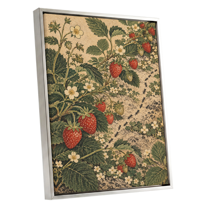 Strawberry Trails, green, beige, red nature wall art shown as a silver framed canvas wall art
