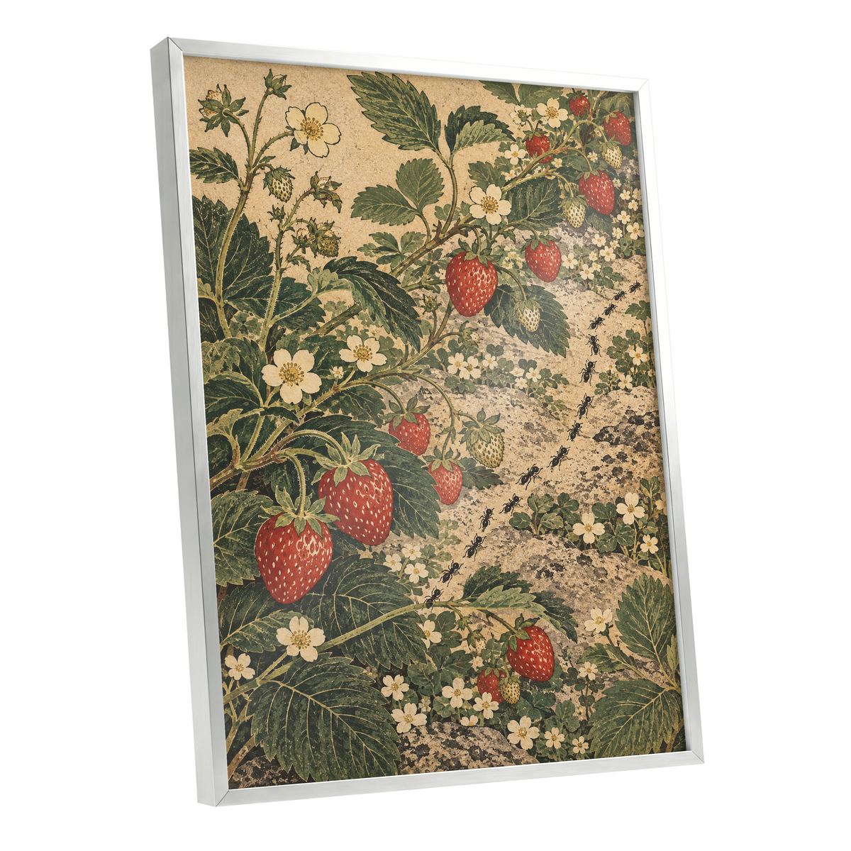 Strawberry Trails, green, beige, red nature wall art shown as a silver framed poster wall art print