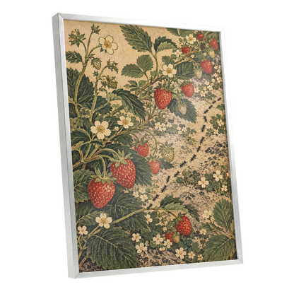 Strawberry Trails, green, beige, red nature wall art shown as a silver framed poster wall art print