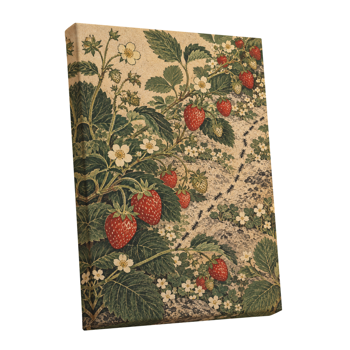 Strawberry Trails, green, beige, red nature wall art shown as a stretched canvas wall art