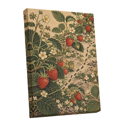Strawberry Trails, green, beige, red nature wall art shown as a stretched canvas wall art