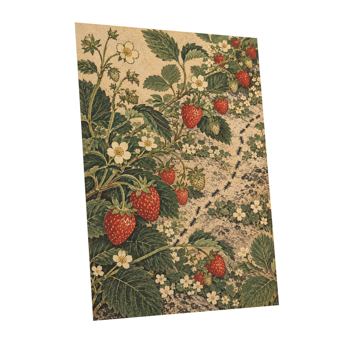 Strawberry Trails, green, beige, red nature wall art shown as a unframed poster wall art print