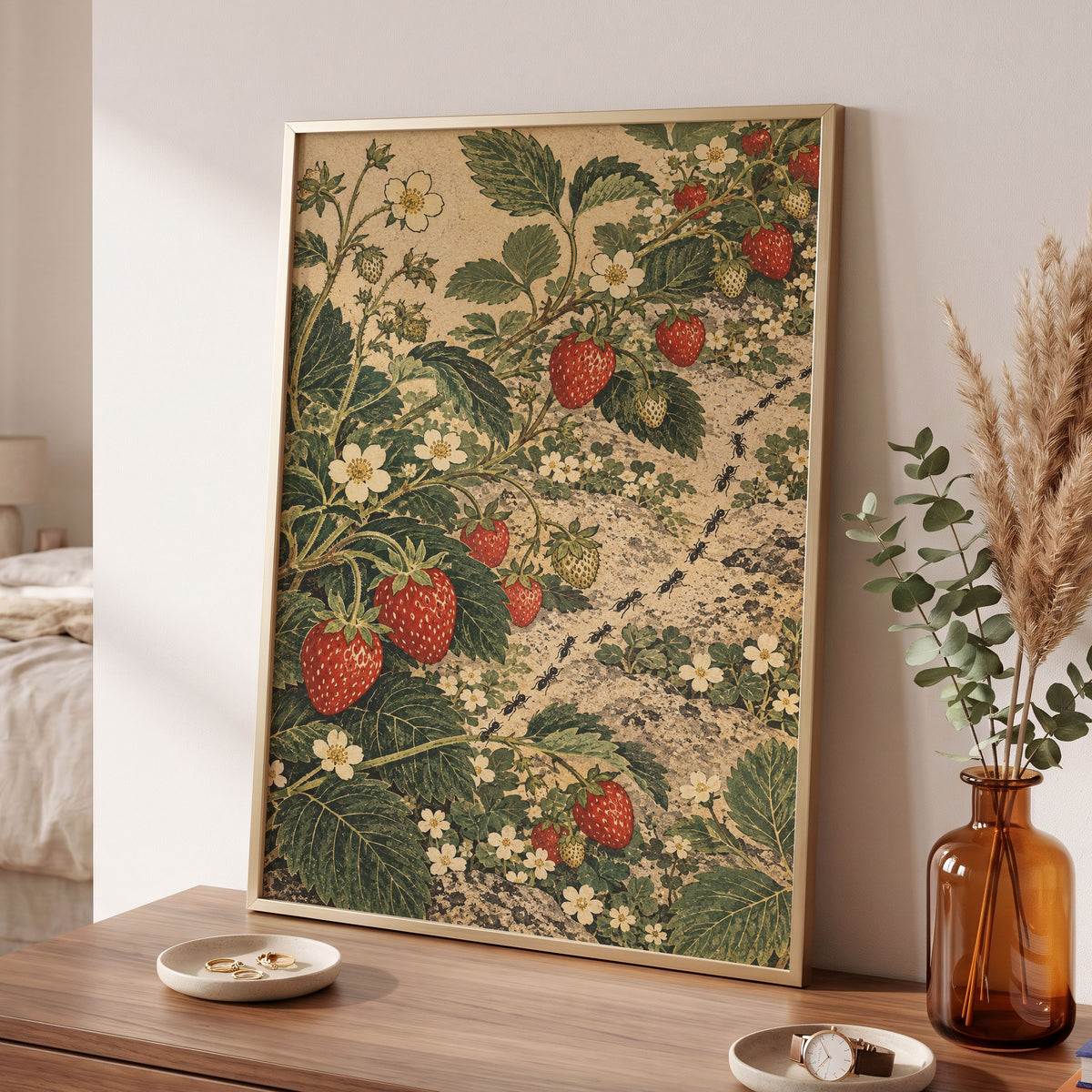 Strawberry Trails, green, beige, red nature wall art displayed in a styled interior, gallery view 2