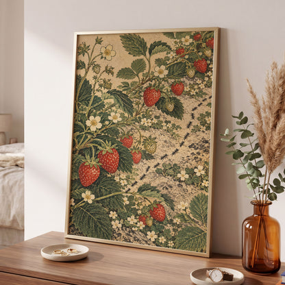 Strawberry Trails, green, beige, red nature wall art displayed in a styled interior, gallery view 2